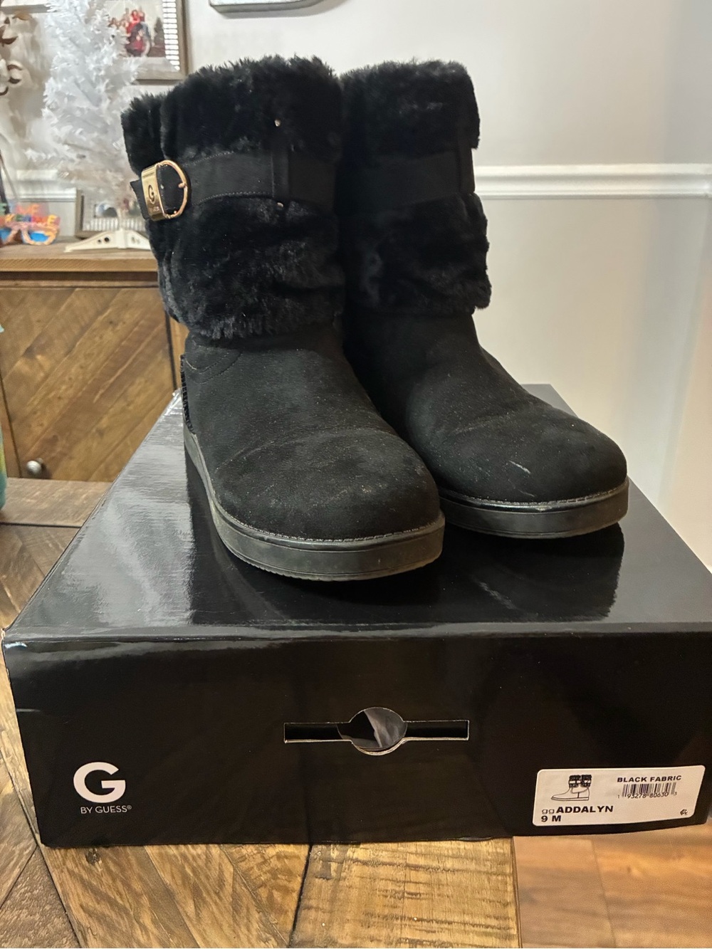 G by Guess Black Faux-Fur Mid-Calf Boots with Gold Buckle